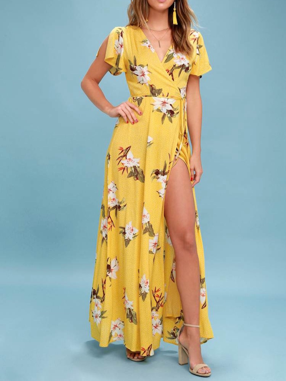 Lulus Heart of Marigold Yellow Tropical Print Wrap Maxi Dress NWT